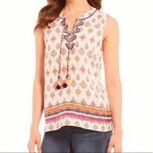 Chelsea & Theodore Top 100% Linen Embroidered Boho Sleeveless Top Size Large